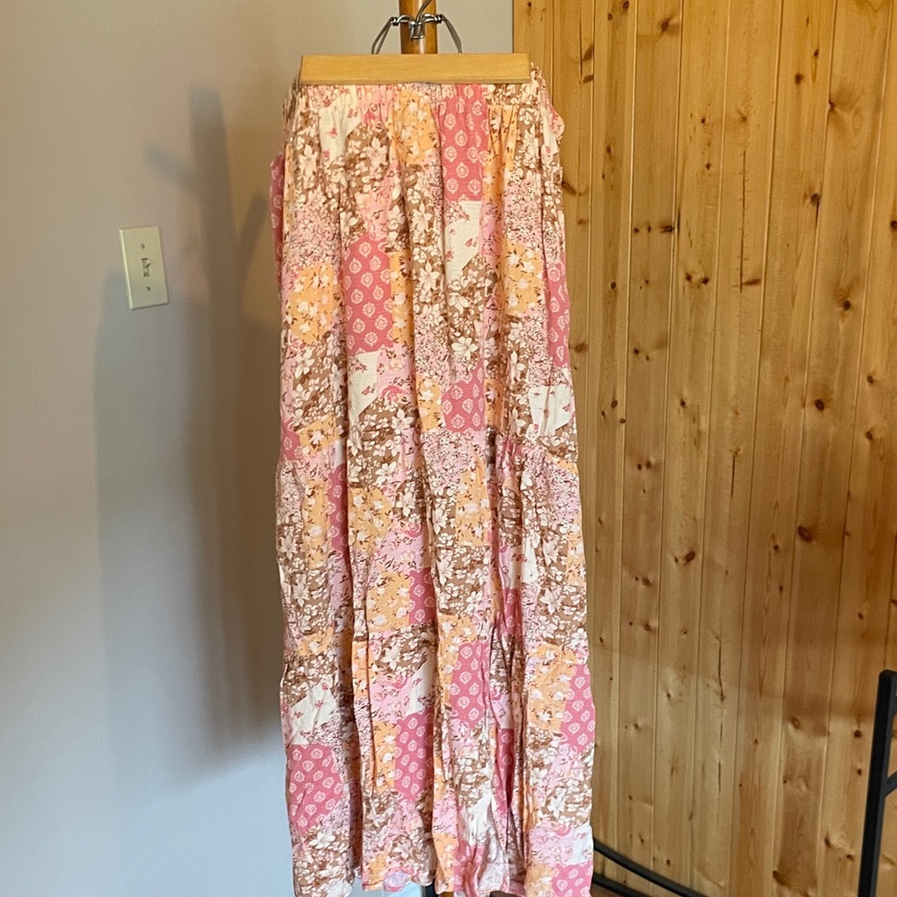 Patchwork Pink Maxi Skirt with Tan & Cream Accents